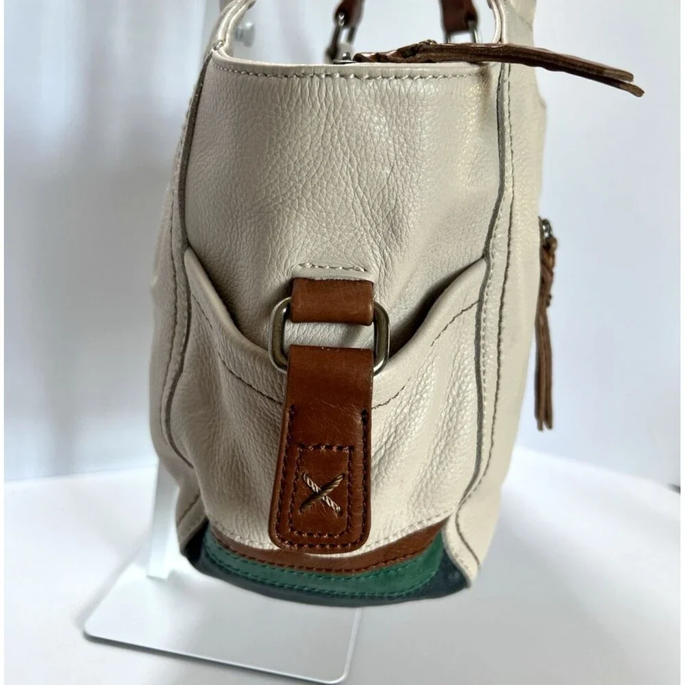 The Sak Kendra Leather Satchel Bag Cream Tan Blue Green Colorblock NWT 1990's